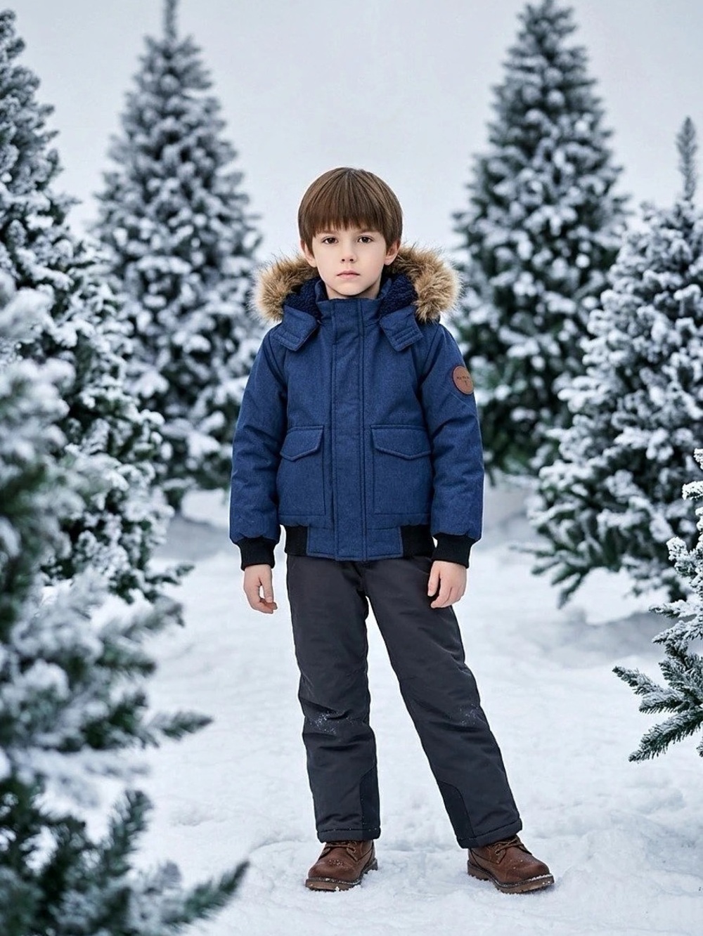 Tahari Boys 2T Blue Hooded Puffer Jacket Fur Trim Full Zip Pockets